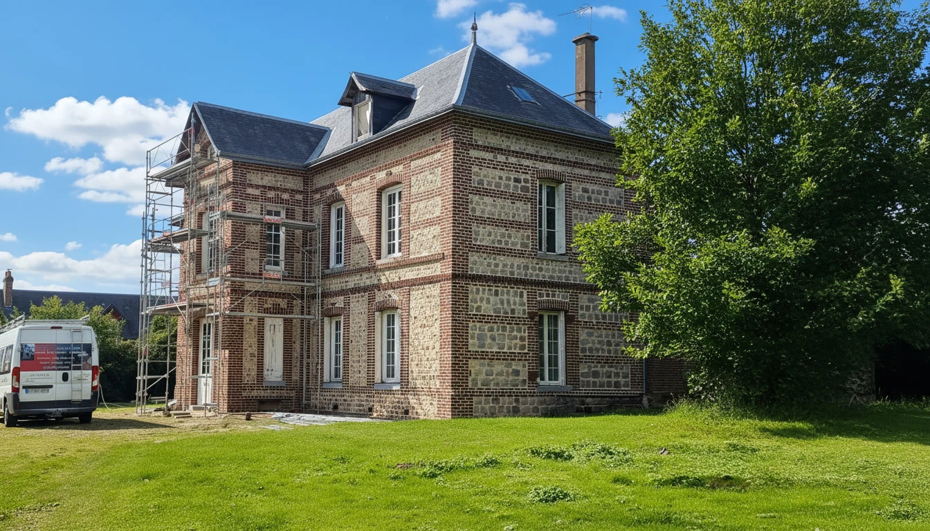 Chantier de restauration d'une maison bourgeoise en brique et pierre calcaire