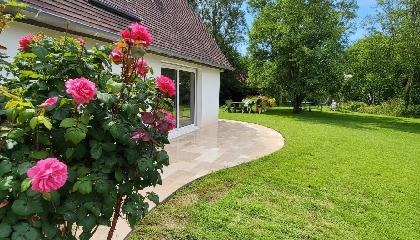 Am&eacute;nagement paysager ext&eacute;rieur avec murets en pierre naturelle calcaire beige, construction de terrasses &eacute;tag&eacute;es et jardini&egrave;res int&eacute;gr&eacute;es