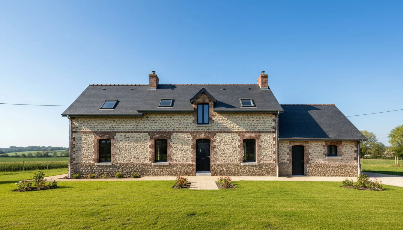 Ouvrier maçon en vêtements de sécurité verts et casque jaune appliquant du mortier sur mur de briques rouges en construction extérieure