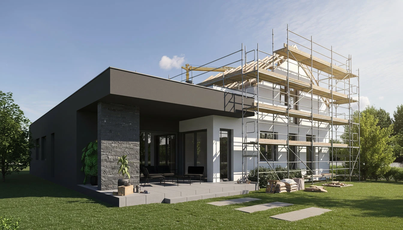 Scène extérieure d'une maison contemporaine à architecture moderne avec jardin paysager et véhicule stationné