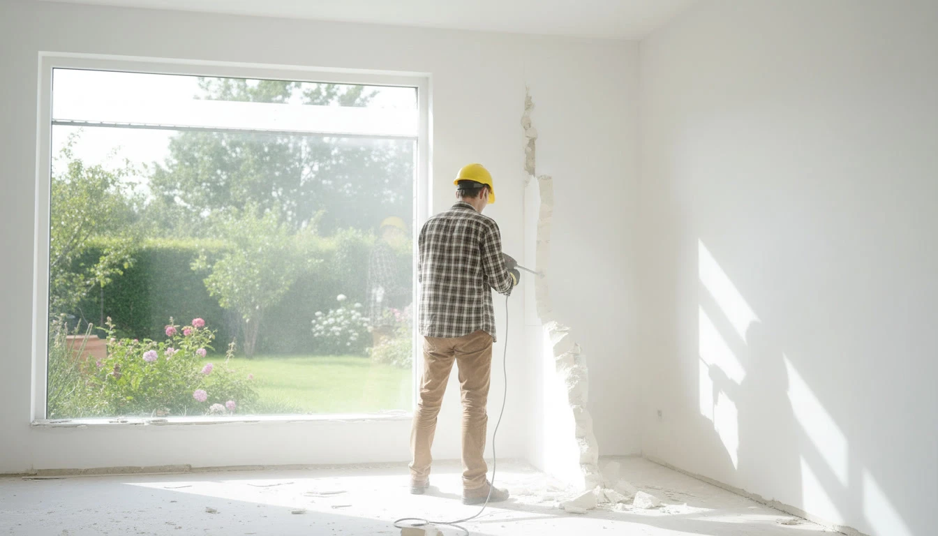 Ouvrier en combinaison orange effectuant des travaux de démolition dans un sous-sol, utilisant un marteau-piqueur pneumatique sur un mur en béton armé
