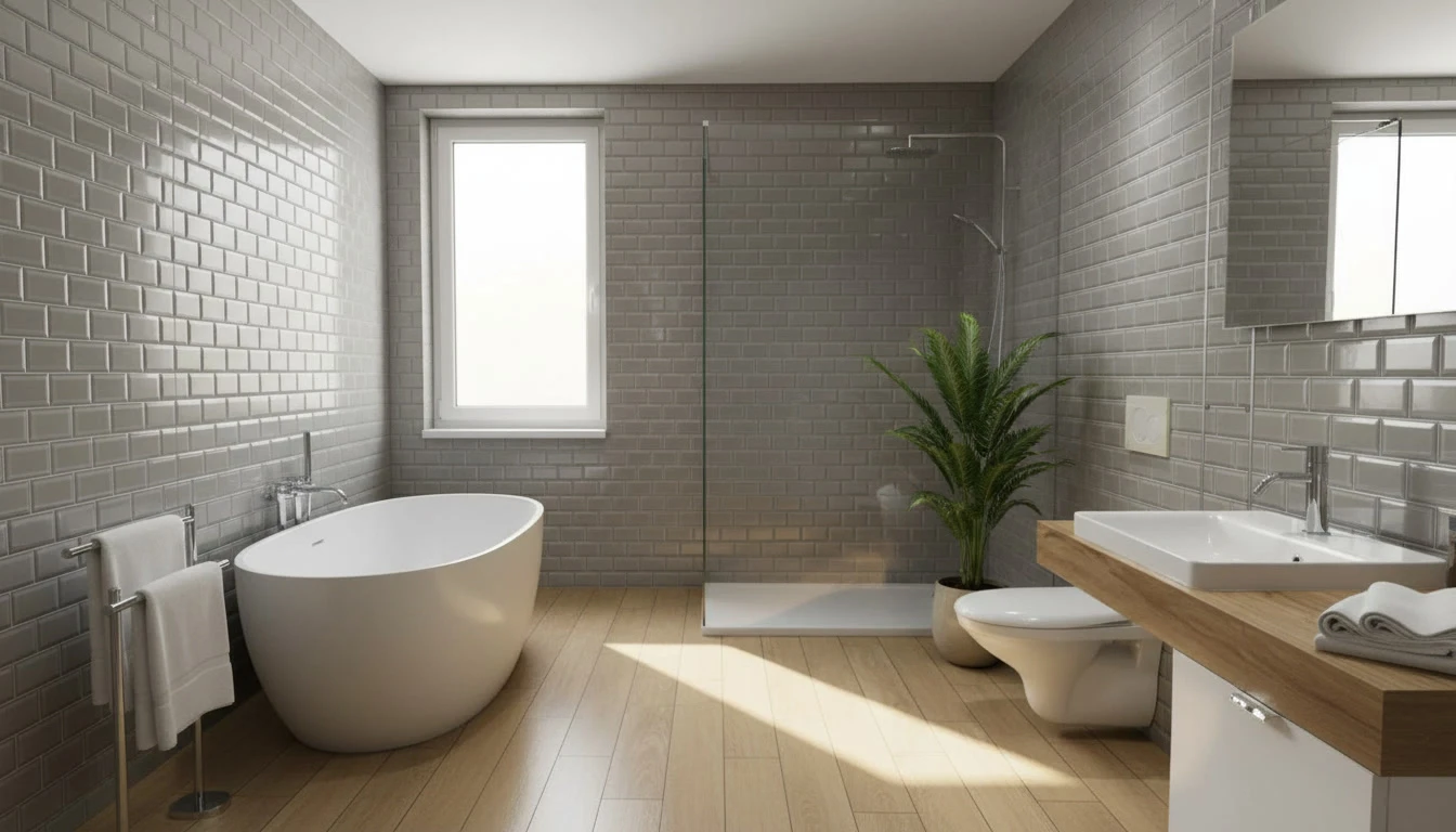 Intérieur de chantier, ouvrier appliquant du mortier-colle avec une truelle crantée sur un mur blanc pour la pose de carrelage